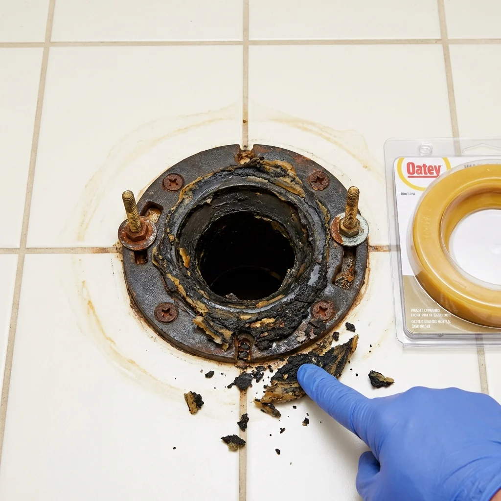Failed wax ring showing water seepage at the base of a toilet in a Randolph, MA home