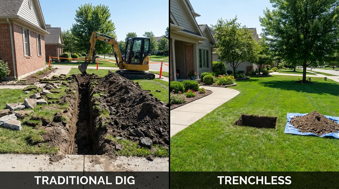 Trenchless sewer repair with minimal yard damage versus traditional excavation in Randolph, MA