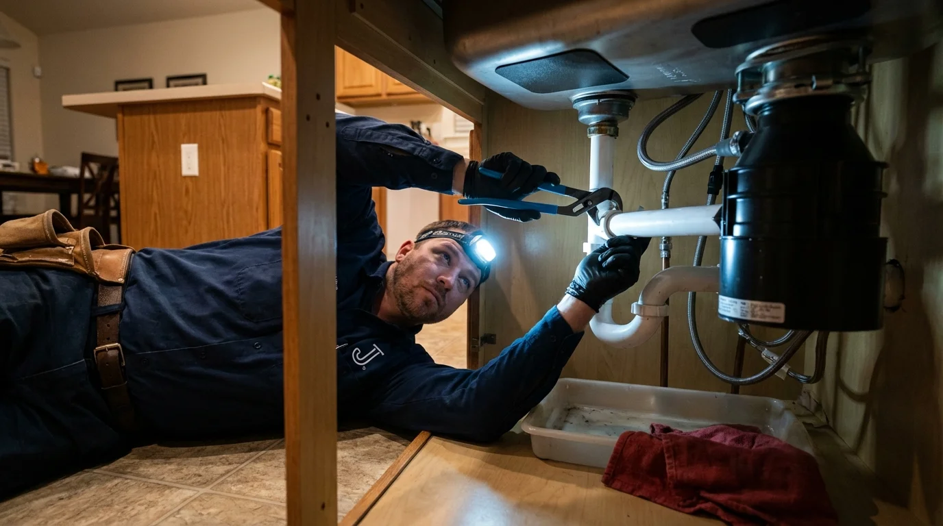 P-trap and supply line connections under a kitchen sink showing a common leak point in Randolph, MA
